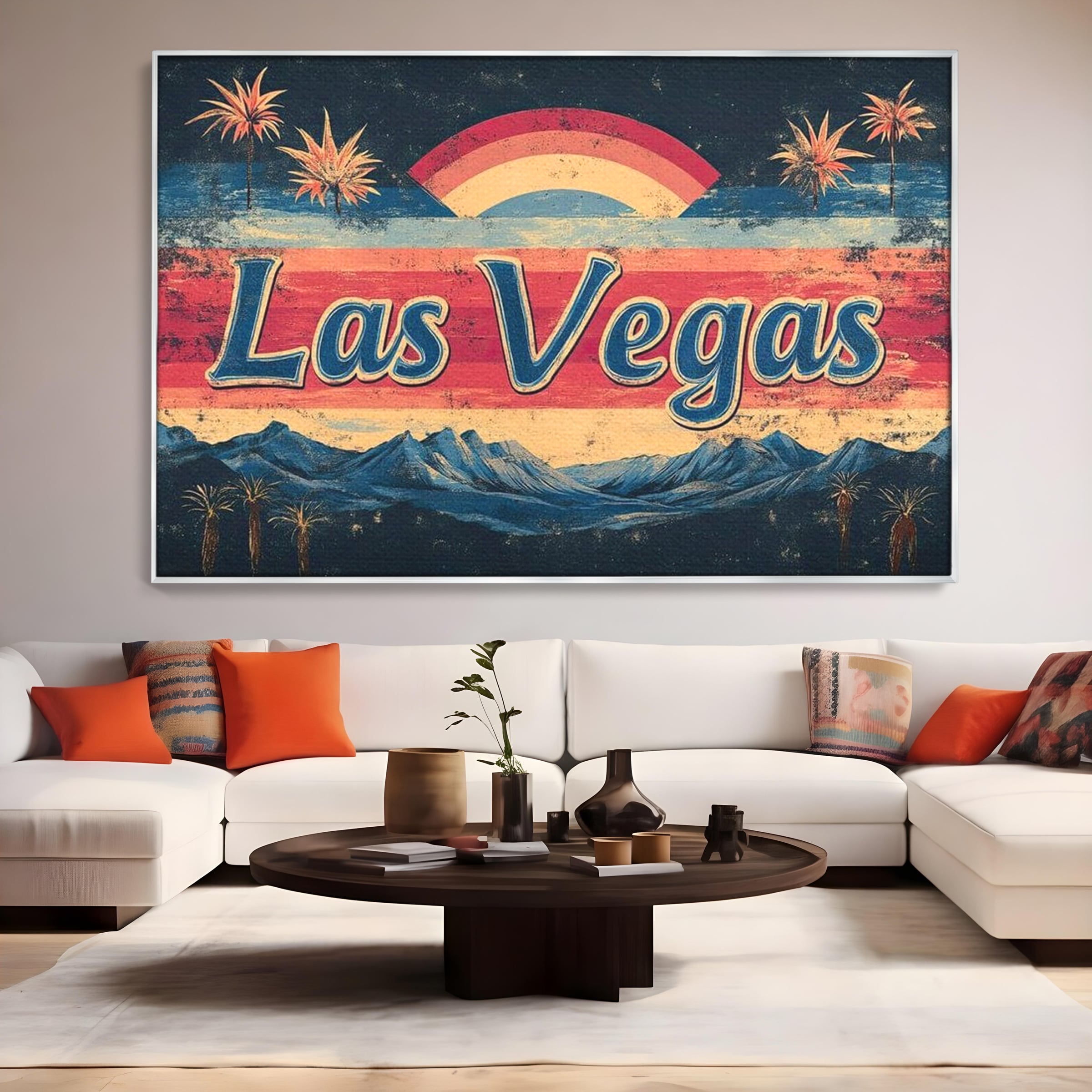 Tablou canvas cu ilustratie retro las vegas cu curcubeu si munti, in rama de aluminiu argintiu, pe perete intr-un living